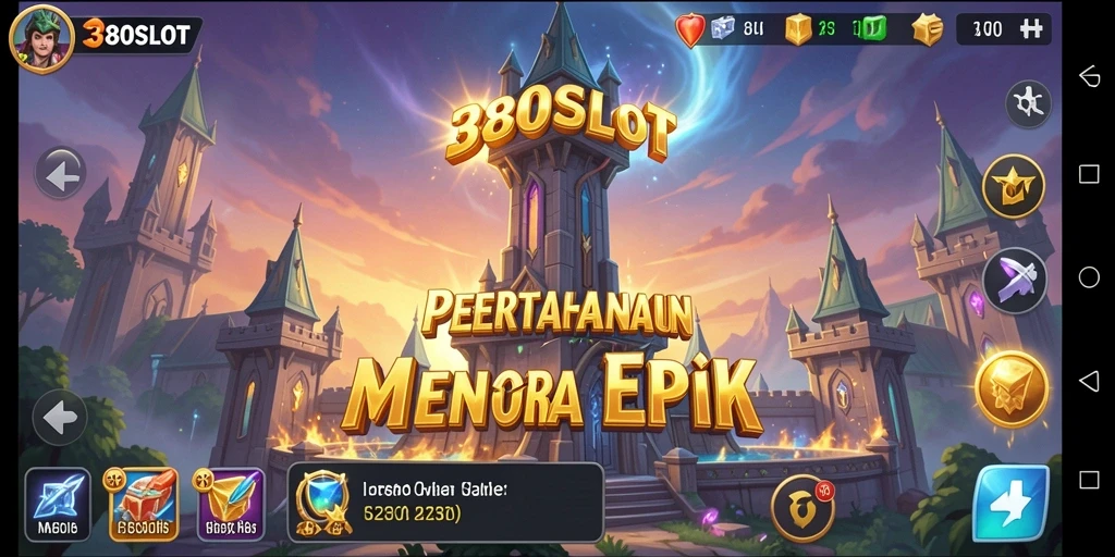 Gameplay 380SLOT menampilkan menara yang bertugas mempertahankan wilayah dari serangan.