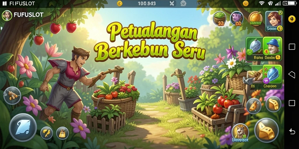 Gameplay seru FUFUSLOT menunjukkan aktivitas berkebun yang menyenangkan.