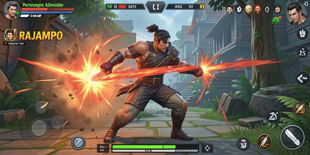 Screenshot RAJAMPO menampilkan pertarungan dramatis antar karakter.