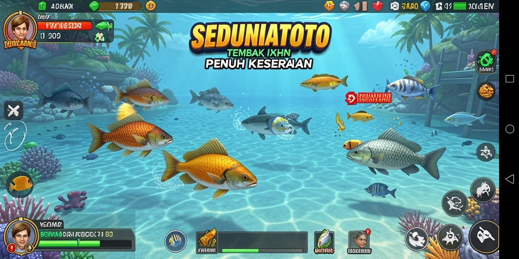 Gameplay seru SEDUNIATOTO saat menembak ikan di layar.