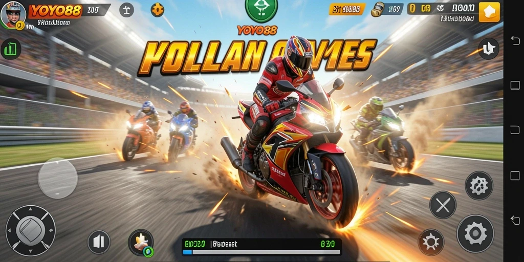 Screenshot gameplay YOYO88 yang menampilkan balapan motor penuh aksi.